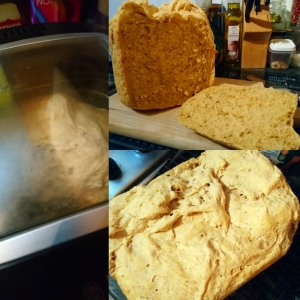 collage of three pictures each showing a stage of breadmaking - in breadmaker, cooling on a rack and sliced.