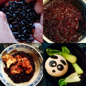 collage of four pictures. Clockwise from top left: raw black rice, congee simmering in pot, blue & white bowl filled with rice and topped with cauliflower, purple bowl of rice topped with panda bao and choi mui.