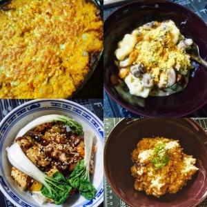 collage of four different mushroom-based dishes. Cw from top left: veggie cottage pie, cheese & mushoom pasta, mushroom & quorn risotto, stirfry