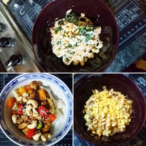 Collage of 3 bowls of food, top: spinach & ricotta tagliatelle, bottom left: stirfry with ribbon noodles, bottom right: mushroom risotto.